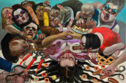 Enrico Robusti, Cari amici, forse non vi siete accorti che da qualche tempo mangiamo come se non esistesse un domani. Olio su tela, 2018