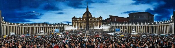 Daniele Galliano, L'uscita di Cristo dal Vaticano. Olio su tela, 100x350 cm, 2020