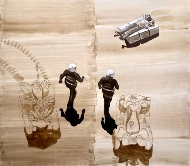 Barbara Nahmad, L'epoca e i lupi. Olio su tela, 150x170 cm, 2020.