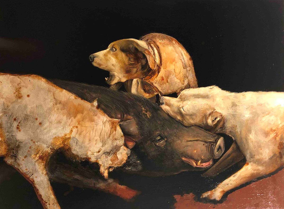 Federico Guida, Exempla 2 (La braccata). Olio su tela, 91x122 cm, 2020