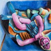 Marta Sesana, Ribaltata. Olio ad acqua su cotone, 80x80 cm, 2020. Collezione privata