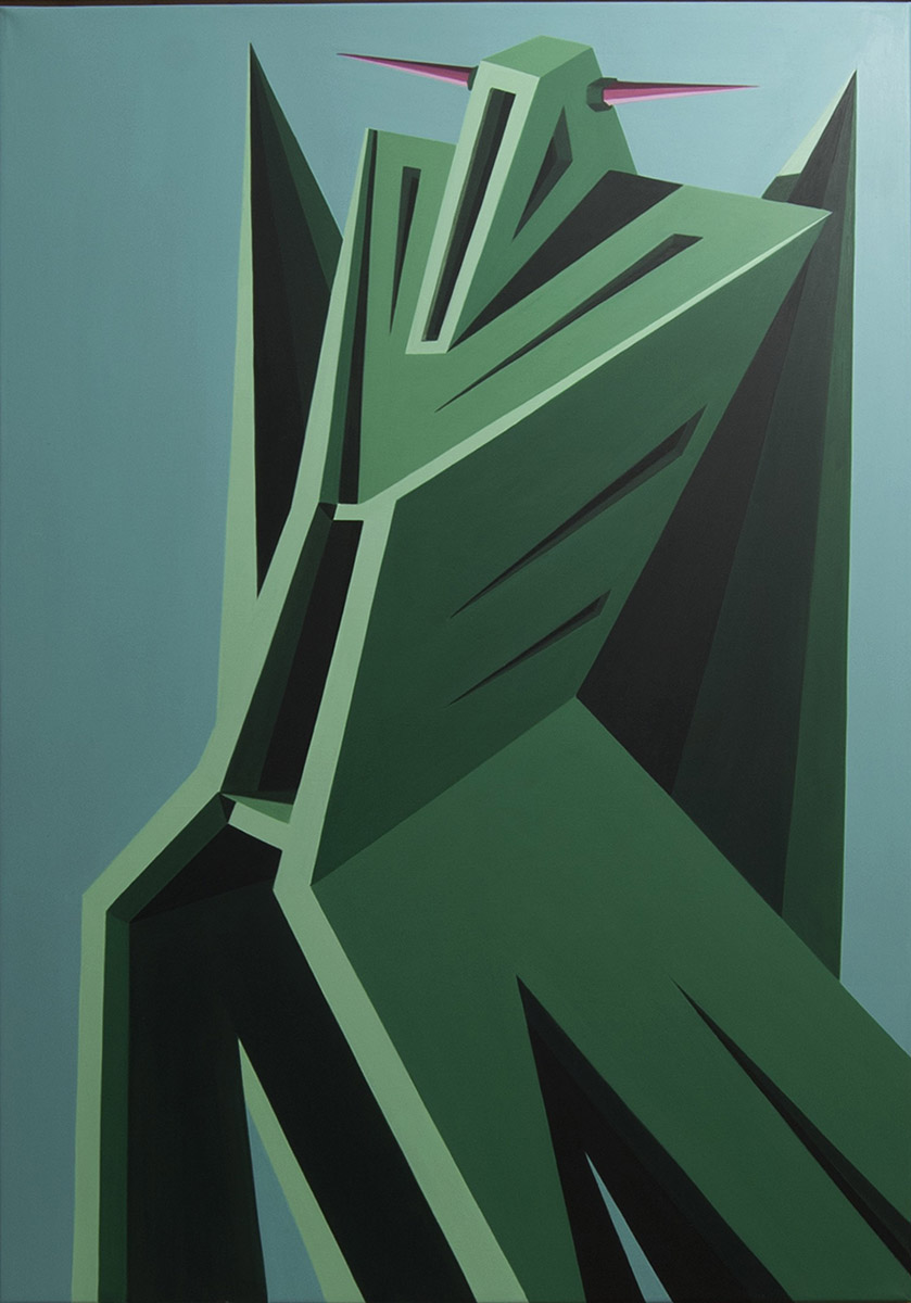 The green saviour. Roberto Chessa (Nuoro 1978), acrilico su tela, 100x70 cm, 2021